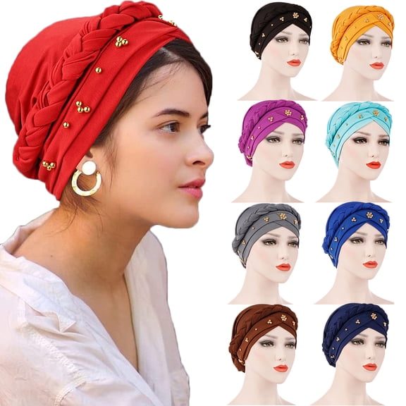 AURORA TRADE Women Turban Cap Beaded Headscarf Hat Braid Head Wrap Beaded Head Wrap
