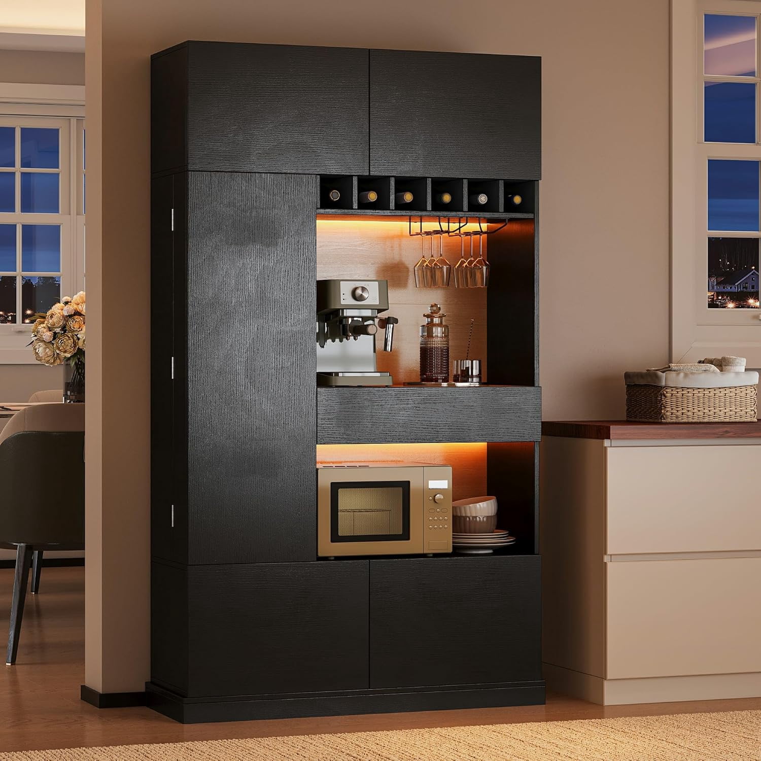 iPormis 69" Tall Kitchen Pantry Storage Cabinet with LED Lights & Microwave Stand & Wine Rack for Living Room, Black