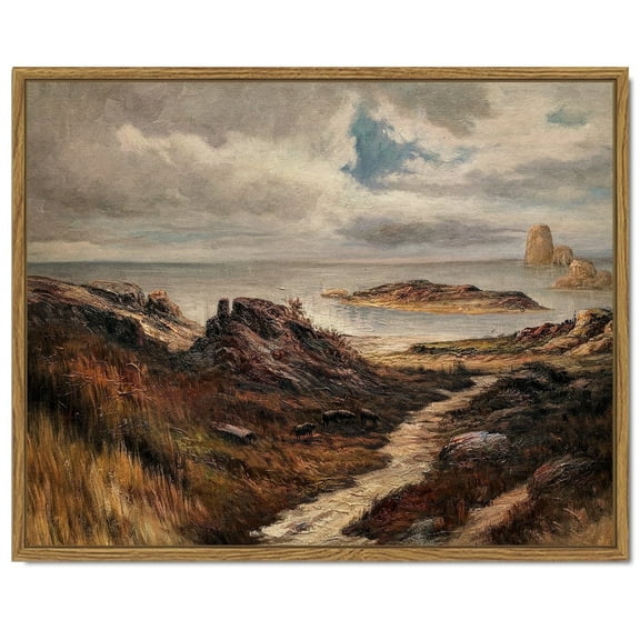 Drsoum Framed Canvas Wall Art Vintage Classical Painting 11x14in Seaside Path Wilderness Landscape Room Decor for Bathroom Bedroom Living Room - Natural Framed
