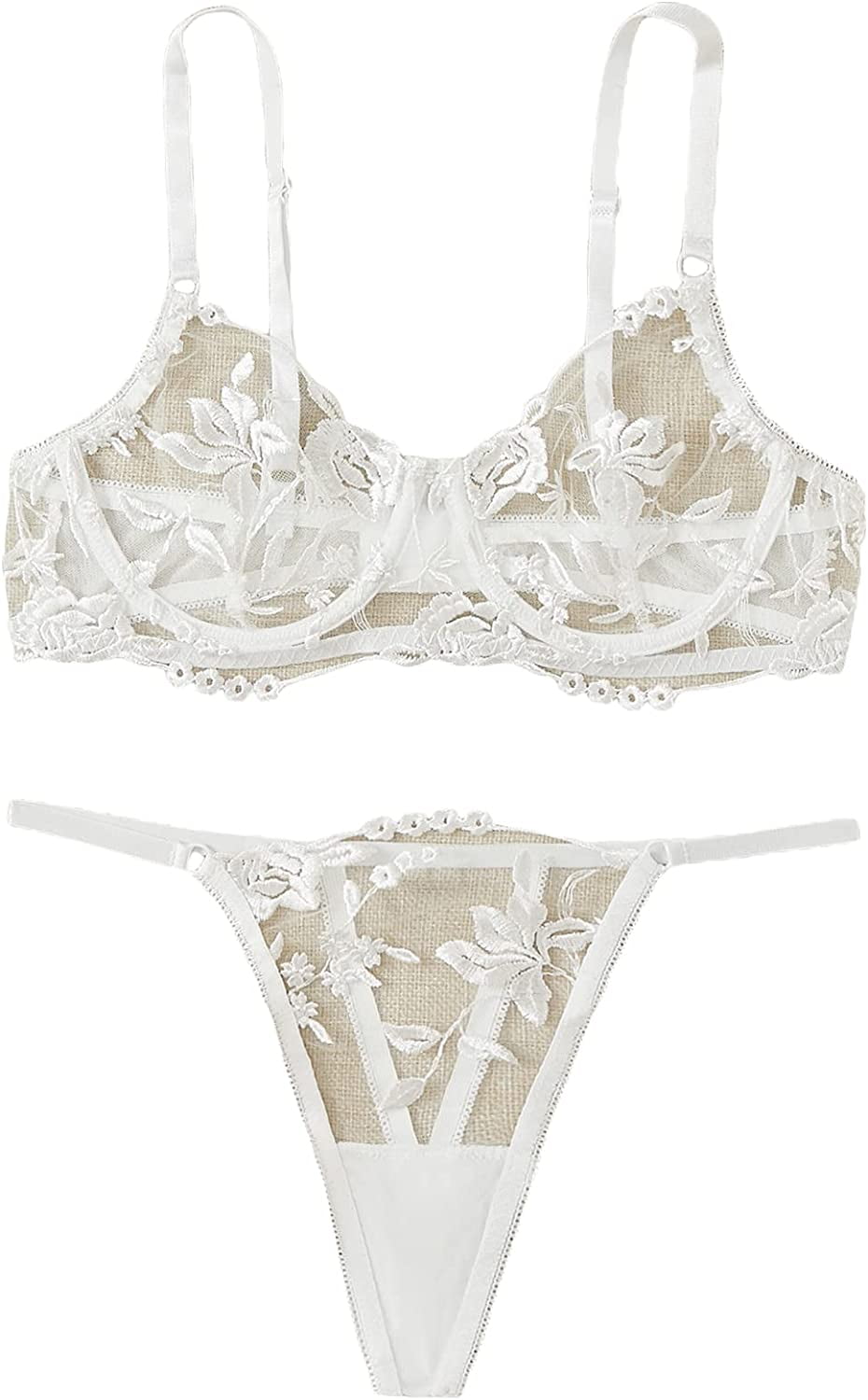 SOLY HUX Women's Floral Embroidered Mesh Sheer Underwire Lingerie Set ...