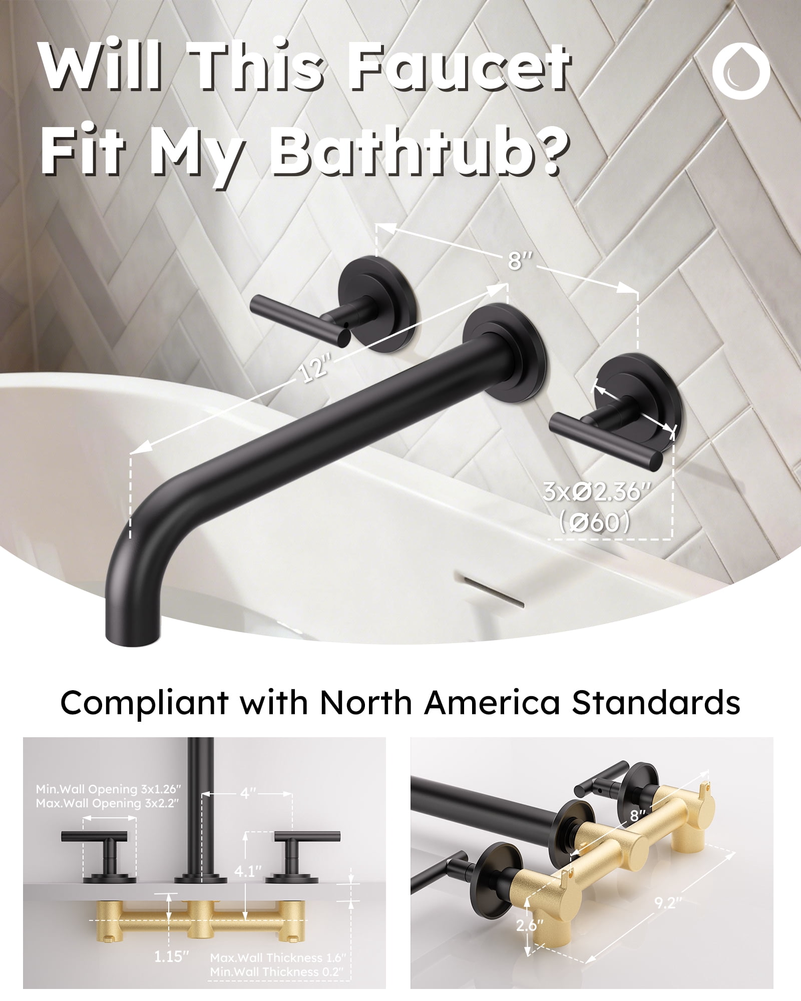 Wowow Wall Mount Tub Filler: Matte Black Tub Faucet High Flow Two Handles Solid Brass, Long Spout Reach, Bathroom Bathtub Faucets with 2 Handles Tub Faucet with Brass Rough in Valve Included