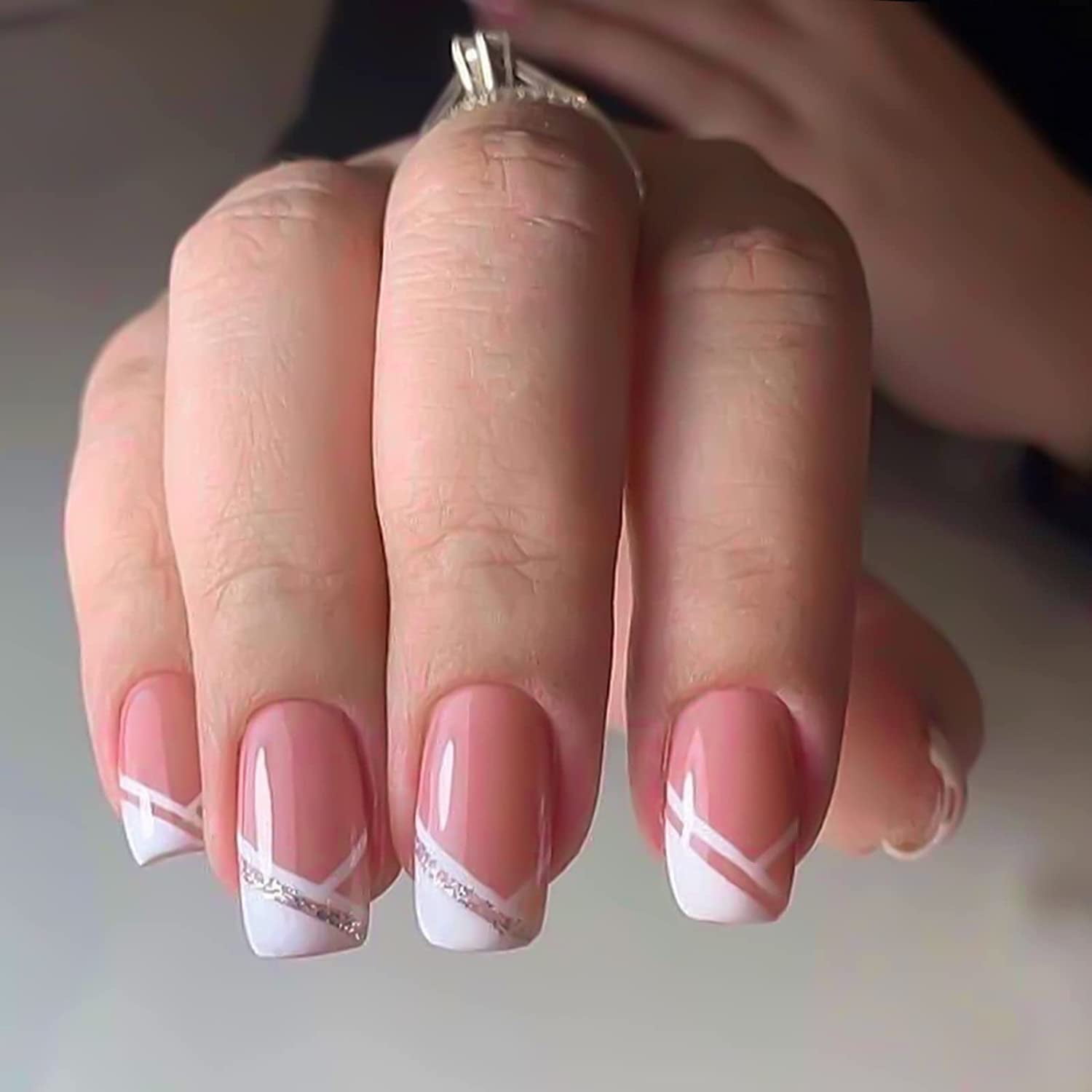 French Tips Press on Nails Short Pink Square Fake Nails Glossy Stick on  Nails Full Cover Glue on Nails False Nails with Designs Acrylic Nails for  Women 