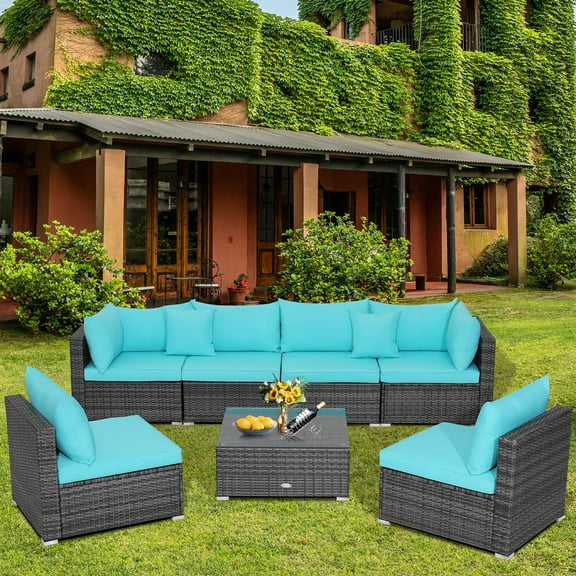 Gymax 7PCS Patio Rattan Sectional Sofa Set Outdoor Furniture Set w/ Black Cushions