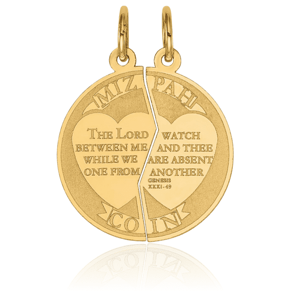 14K Solid Yellow Gold Mizpah Break-apart Coin Set Necklace Couples His Hers Religious Christian Chain Pendant Genesis 31:49 Charm