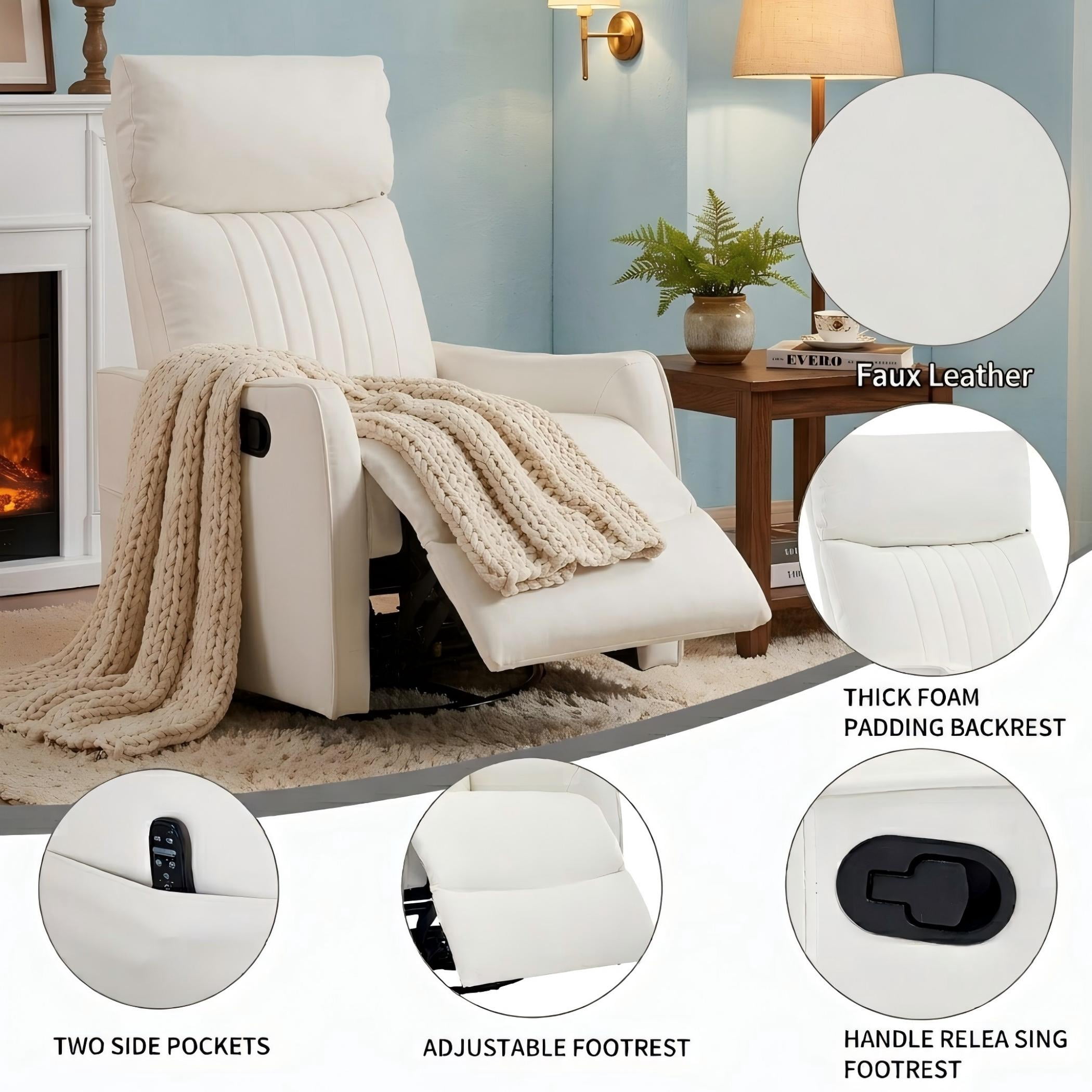 Aukfa Massage Recliner Chair with Heat, Faux Leather 360° Swivel Rocker Recliner, Overstuffed Manual Reclining Glider Chair with Vibration, White