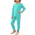 thumbnail image 5 of Kids Ribbed Knit Two Piece Loungewear Set Crew Neck Long Sleeve Top & Elastic Waist Straight Pants, Soft Stretchy Matching Outfit for Homewear Daily Casual Wear Blue 3-4 Years, 5 of 7