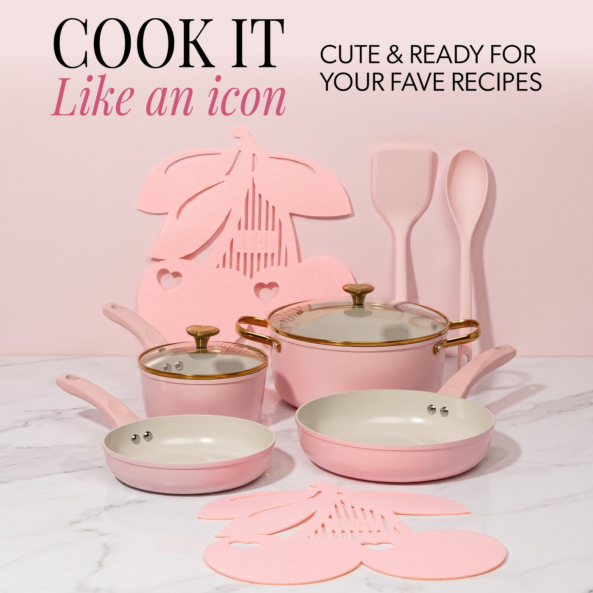 Paris Hilton 10-Piece Ceramic Nonstick Cookware Set, Cast Aluminum, Clean Ceramic Nonstick Coating, Dishwasher Safe, Pink