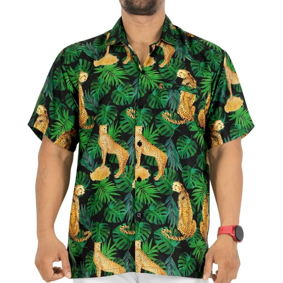 HAPPY BAY Men's Hawaiian Shirts Short Sleeve Button Down Shirt Men's Casual Shirts Holiday Tropical Beach Summer Shirts for Men Funny XXL Cheetah Forest, Autumn Green
