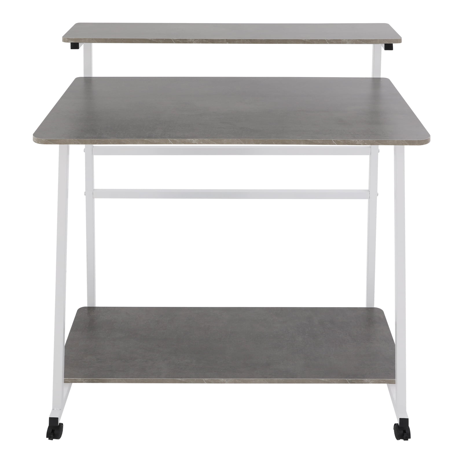 Free Standing Home Office Desk, Rolling 3-Tier Computer Desk (White+Grey)