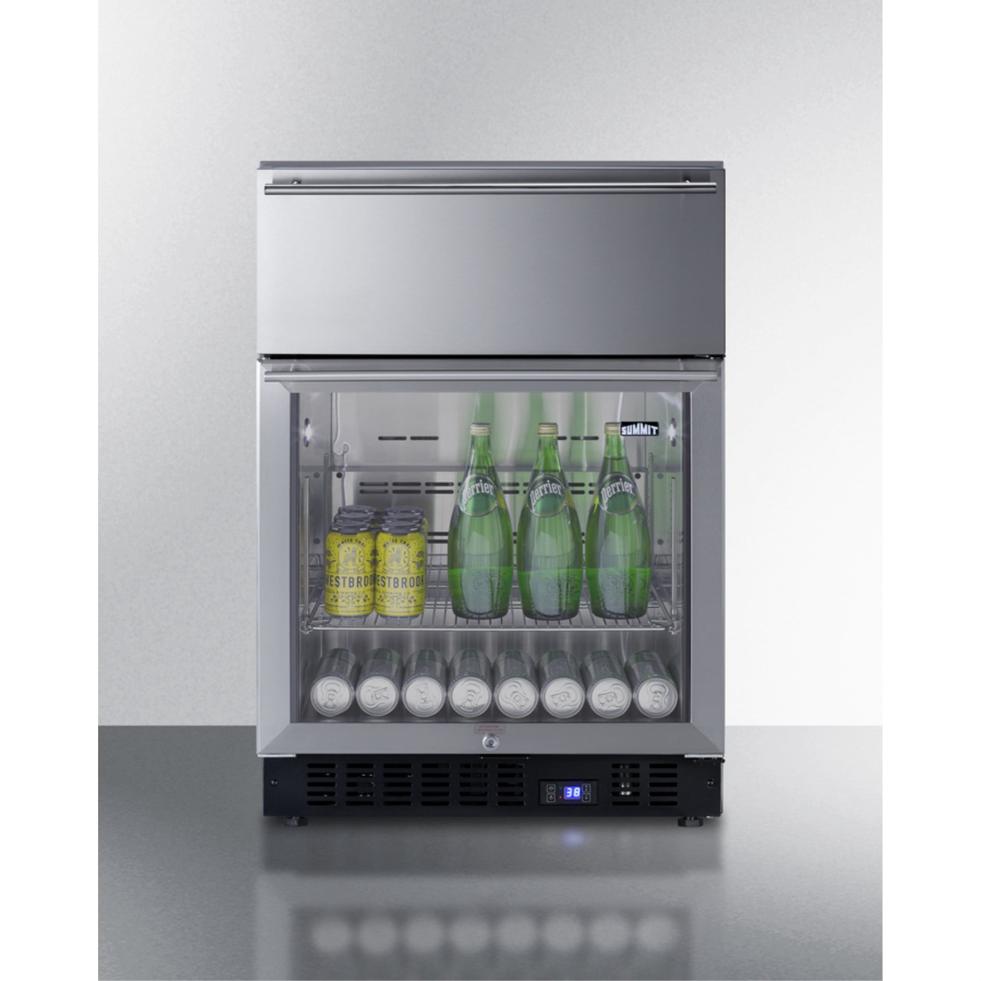 Commercial built-in undercounter glass door refrigerator with top drawer