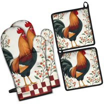 Rooster with Flowers Kitchen Oven Mitt and Pot Holder Sets 4 Pcs for Baking, Cooking and Grilling, Heat Resistant Up To 392 °F