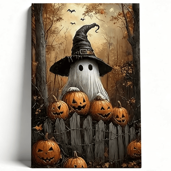 Halloween Ghost Wall Art Canvas - Cute Ghost with Witch Hat & Pumpkins Painting Print for Autumn Seasonal Living Room Bedroom Decor, 8×12