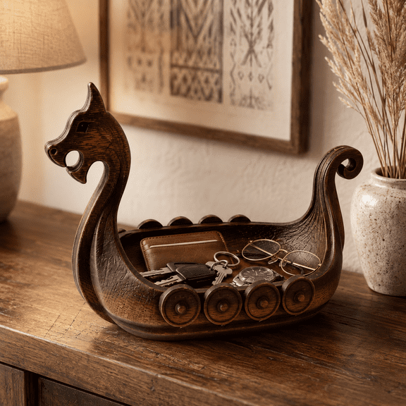 Viking Ship Decorative Tray, Wooden Carved Dragon Longboat Catchall for Keys and Jewelry, Rustic Entryway Table Shelf Home Decor