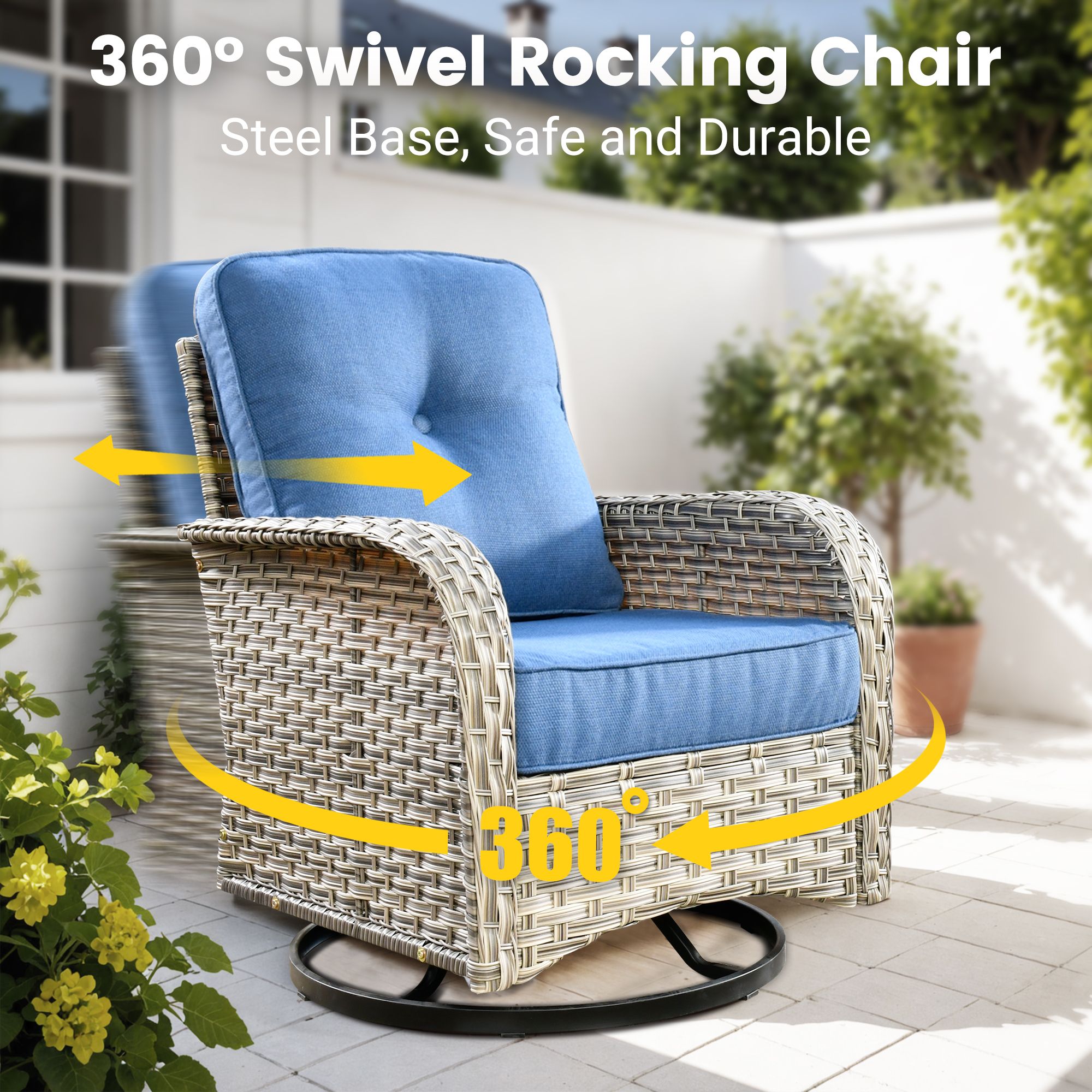 Vcatnet 3 Pieces Outdoor Patio Furniture Wicker Swivel Rocking Chair Swivel Rocker Patio Chairs Set of 2 with Side Table for Porch, Backyard, Diamond Blue