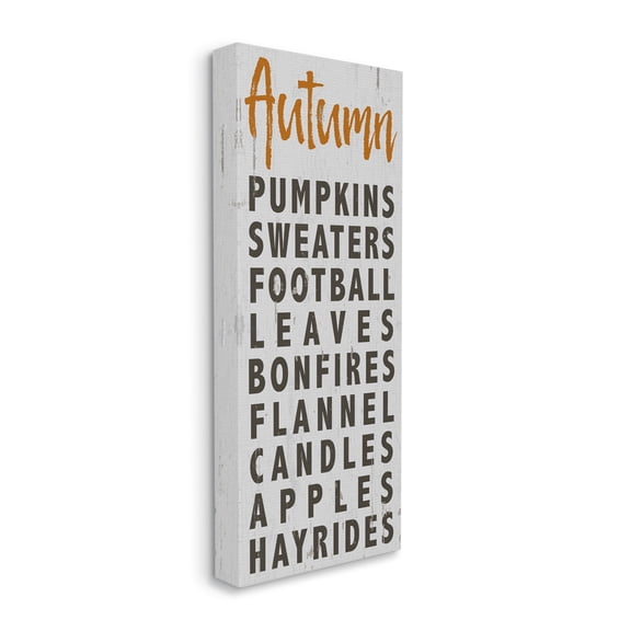 Stupell Industries Autumn Favorites List Charming Distressed Design Typography Painting Gallery Wrapped Canvas Art Print Wall Art, 10 x 24