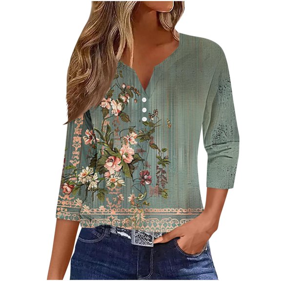 BangWanChi Womens Summer Tops 3/4 Sleeve Women's Fashion Casual Printed T-Shirt 3/4 Sleeves Buttons Blouse V-Neck Casual Tops