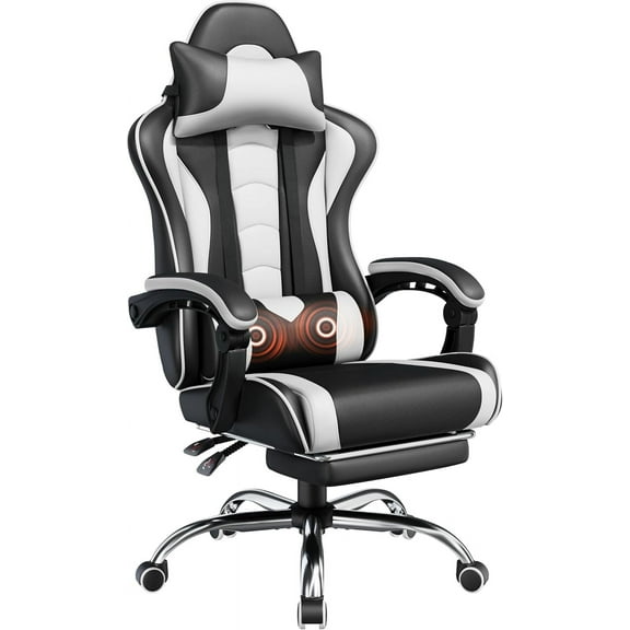 RONG-3  Gaming Chair, Video Game Chair with Massage Lumbar Support and Footrest Height Adjustable Ergonomic Computer Gaming Chair with Swivel Seat and Headrest,Black/White