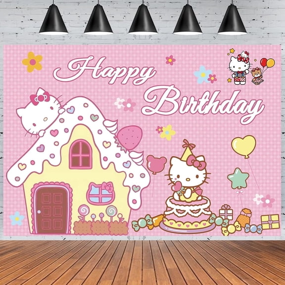 Cartoon theme party Pink Hello Kitty Background cloth newborn birthday baby party decoration photo photography props 5x3FT