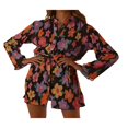 thumbnail image 1 of Robe Courte Plissée pour Femme à Imprimé Floral, Décolleté en V Profond, Robe d'Été à Manches Longues, Cordon de Serrage, Robe Chemise à Nouer, Tenue de Boîte de Nuit, Noir Floral, S, 1 of 7