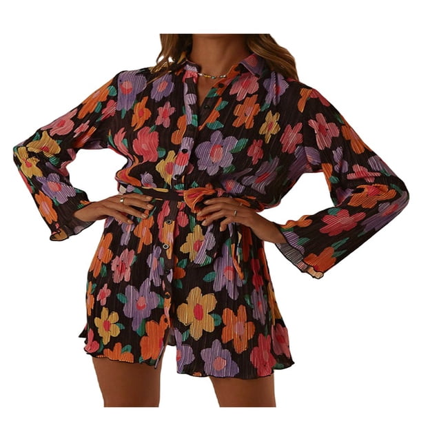 Robe Courte Plissée pour Femme à Imprimé Floral, Décolleté en V Profond, Robe d'Été à Manches Longues, Cordon de Serrage, Robe Chemise à Nouer, Tenue de Boîte de Nuit, Noir Floral, S