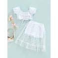 thumbnail image 2 of LMLYSoH Girl's Two-Piece Suit, Toddler Kid Girl Ruffle Trim Drawstring Pleated Short Sleeve Tops + Patchwork Mesh Shorts, 2 of 9
