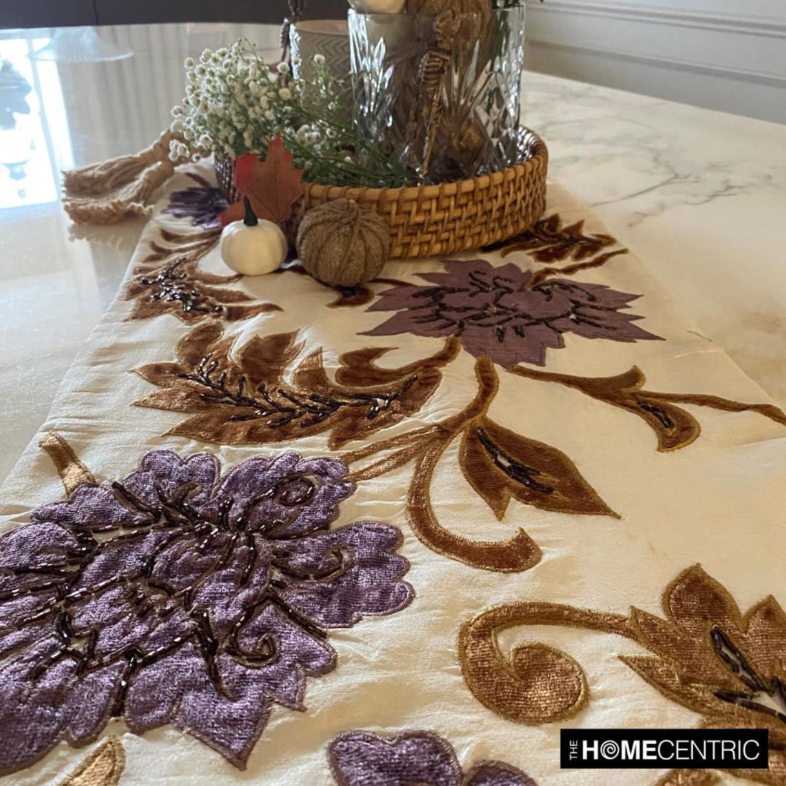 Decorative Table Runner Ivory, Gold, Purple, 14 inch wide x 90 inch long Silk Beaded Table Runner Ivory Blossoms Applique Velvet Embroidered Elegant Modern - Brown Floral