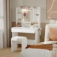 thumbnail image 3 of TROPOW Vanity Desk with Mirror and Lights,for Bedroom,Adjustable 3 Colour Lights Modes,Includes Padded Stool,Makeup Table Set with Hidden Storage Shelves,USB Outlets,Hairdryer Holder,White, 3 of 9