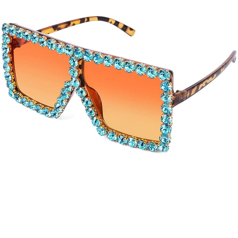 FEISEDY Oversized Sparkling Crystal Sunglasses Disco Diamond Flat Top  Fashion Square Large Shades B2782