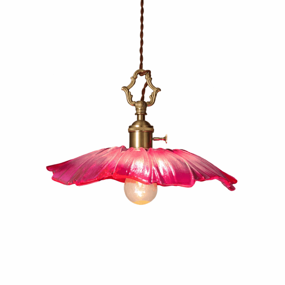SavingGet Pink Glass Flower Pendant Light Fixture, Vintage Brass Hanging Lamp for Kitchen Island, Bedroom, Hallway, Dining Room