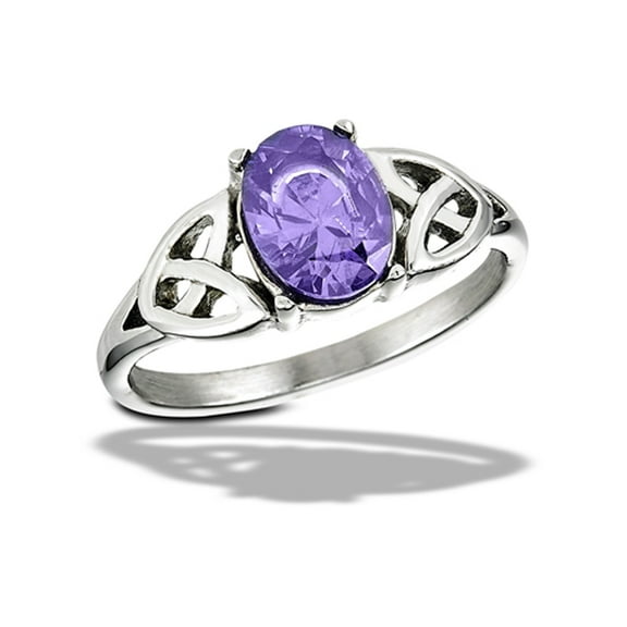 Simulated Amethyst Celtic Ring w/ Triquetras Stainless Steel Band Purple CZ Female Size 9