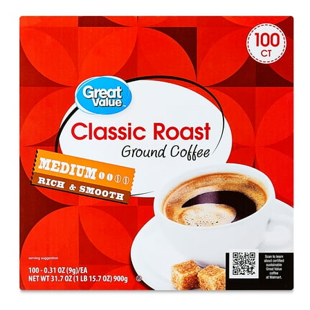 Great Value Classic Medium Roast Ground Coffee Pods, 31.7 oz, 100 Count