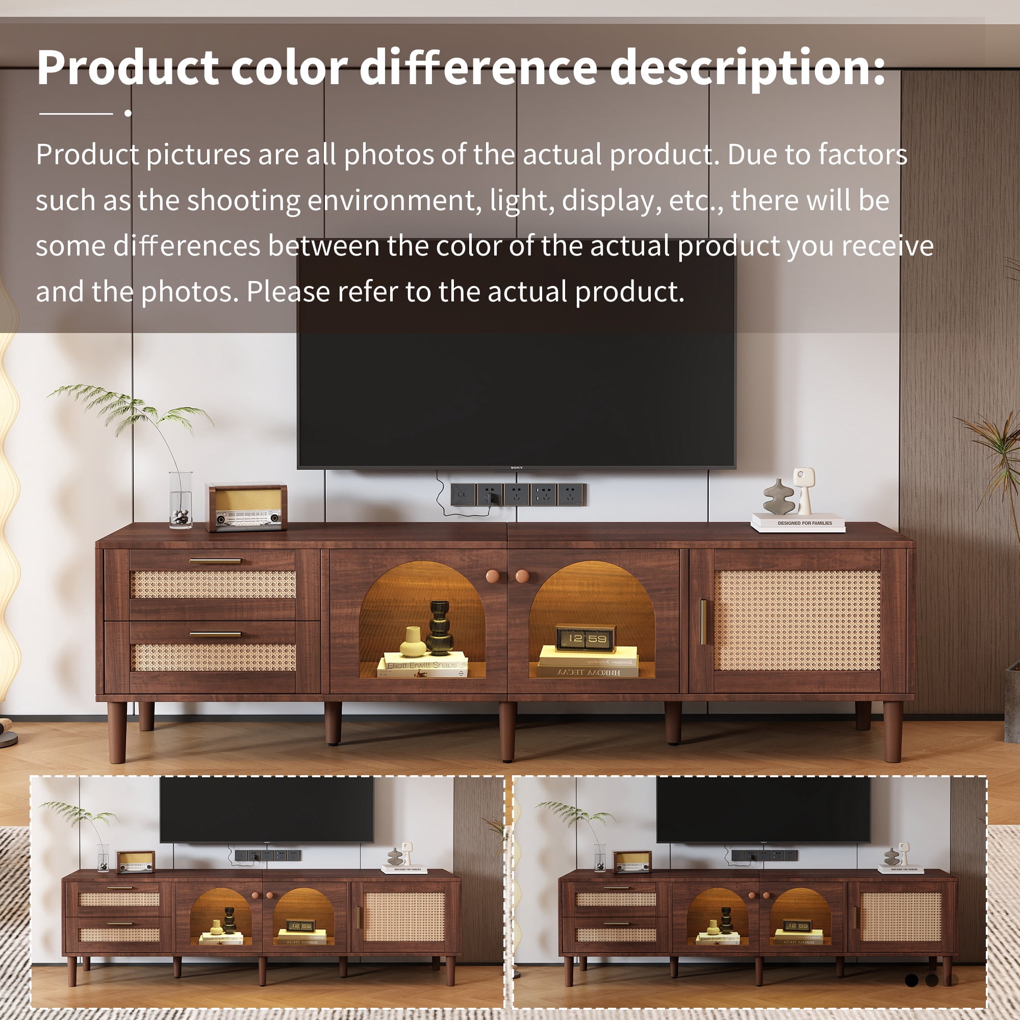 PORKISS LED TV Stand for 80 Inch TV, Entertainment Center with LED Lights and Storage Shelves, Media Console with Glass Transparent Board for Living Room, Dark Brown