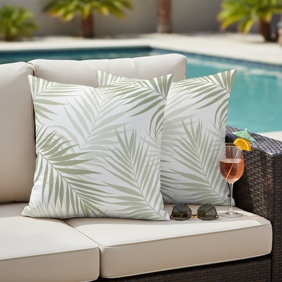 Summer Palm Leaf Outdoor Waterproof Throw Pillow Covers Set of 2, 26"x26", Country Tropical Botanical Sage Green Leaves Decorative Pillow Covers Outside Cushion Case for Patio Porch Garden