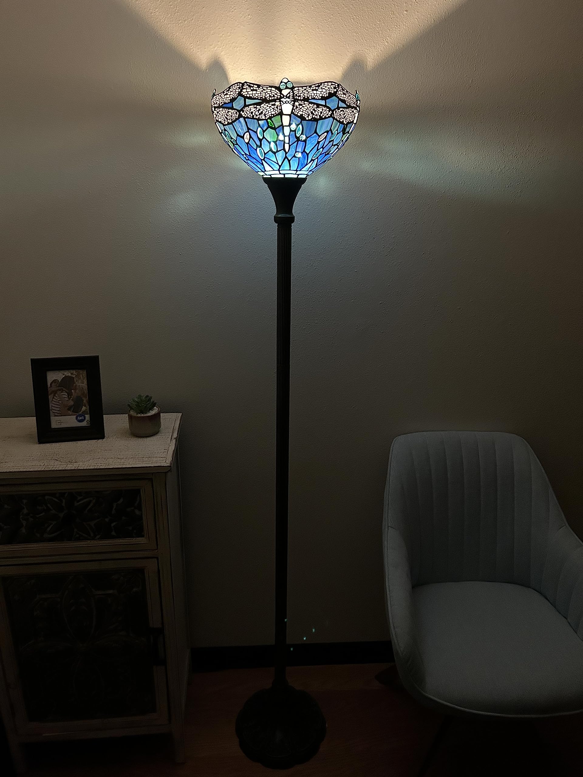 Tiffany Torch Floor Lamp Dragonfly Blue Stained Glass LED Bulb Included For Living Room Bedroom Office Hotel 12"W*12"D*66"H