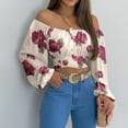 thumbnail image 2 of Samickarr Woman'S Strapless Long Sleeve Printing Off Shoulder Ruched Lantern Sleeve Crop Tops, 2 of 9