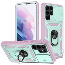 Galaxy S22 Ultra Case,Dteck Shockproof Rubber Slide Camera Lens Protection Hybrid PC Ring Holder Kickstand Card Slot Design Cover For Samsung Galaxy S22 Ultra 5G,Green Pink