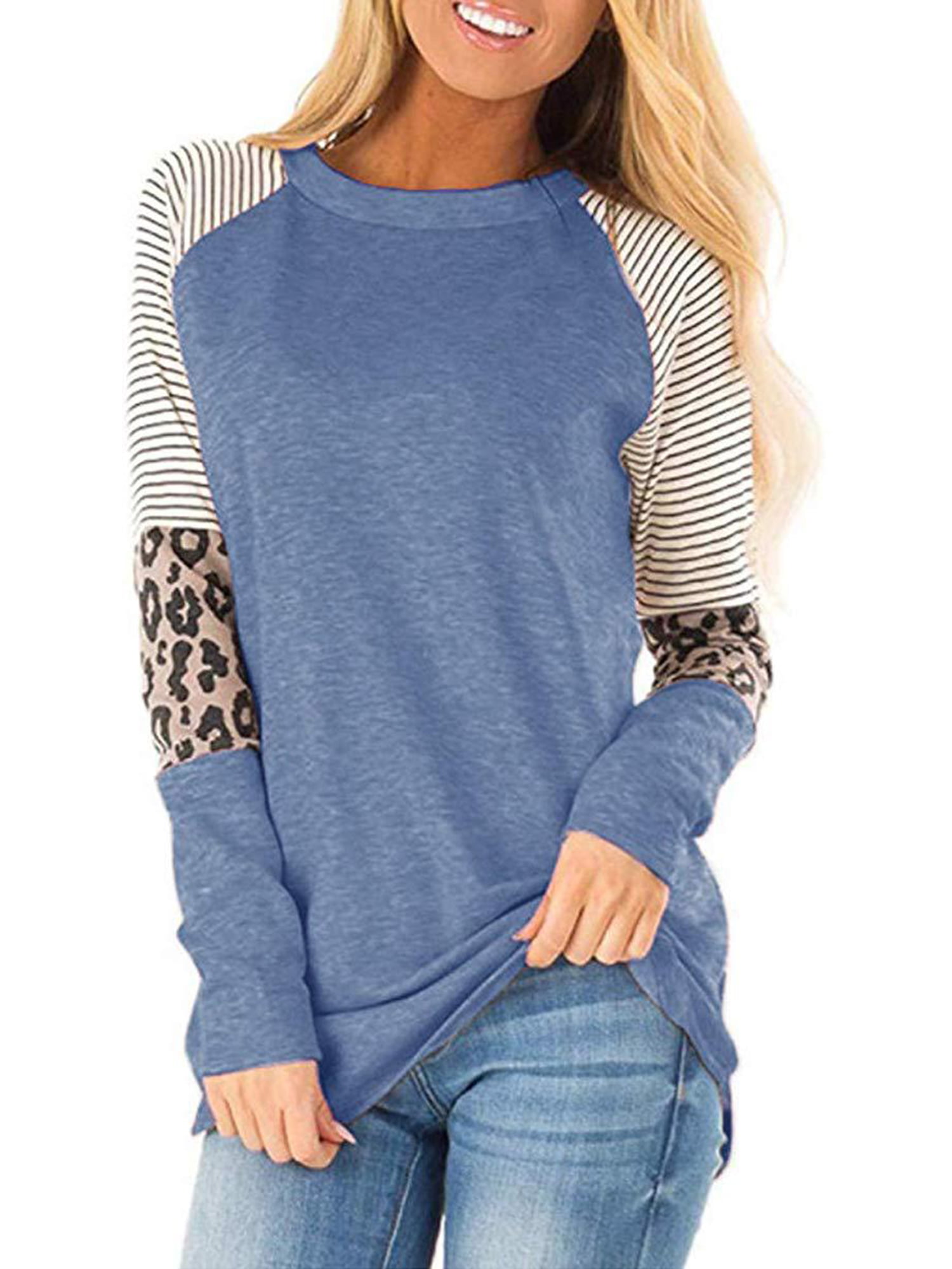 Onegirl Women Casual Leopard Stripe Splicing Long Sleeve Loose O Neck Tunic Top Shirts Blouse Sweatshirt Pullover