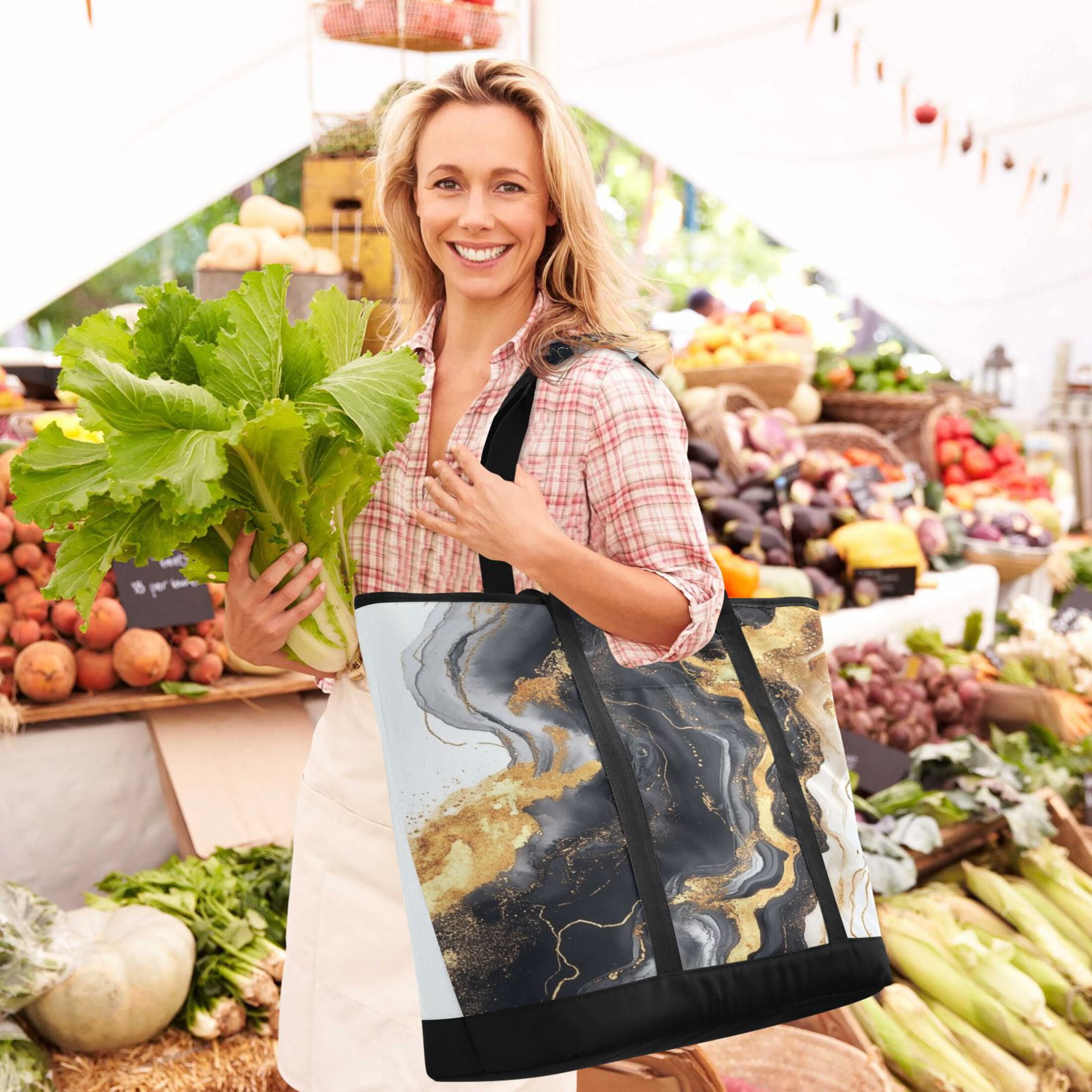 Large Hand-held Ice Pack Picnic Bag Insulation and Refrigeration Suitable for Shopping Picnics and Camping Black Marble