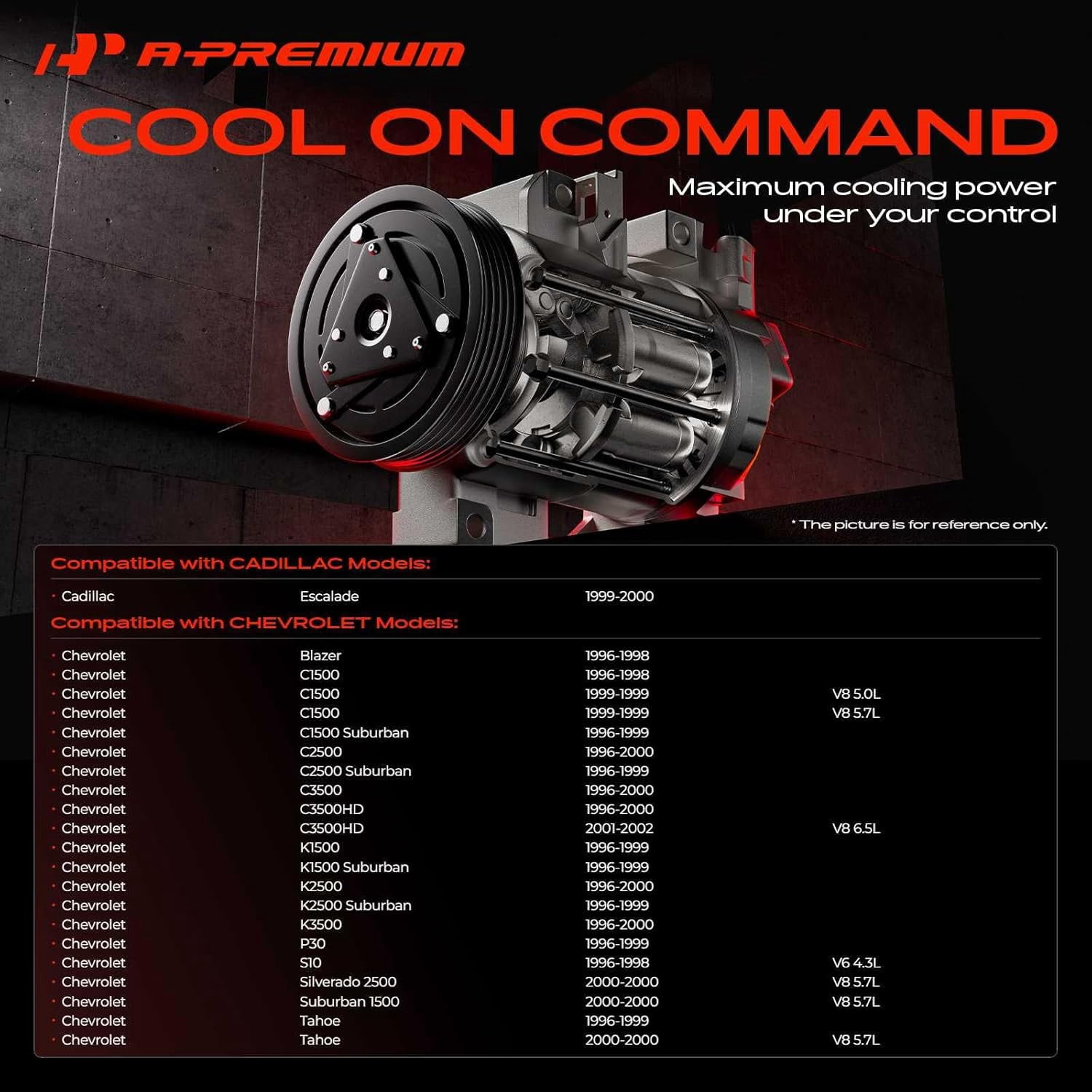 A-Premium AC Compressor with Clutch Compatible with GMC Yukon Chevrolet Tahoe 1996-2000 Silverado 2500 Blazer Cadillac Escalade Isuzu Oldsmobile