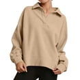 thumbnail image 2 of ABSUYY Oversized Womens Waffle Knit Polo Neck Pullover, Khaki Long Sleeve Smart Casual Layering Top,Size XL, 2 of 9