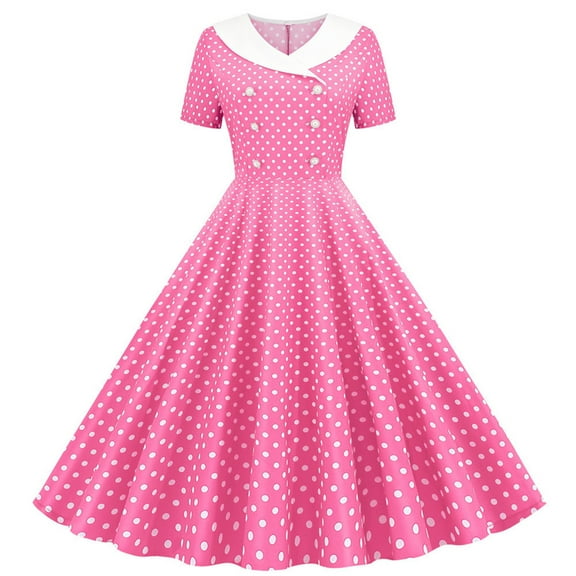 Ecqkame Womens Vintage Dress A Line Flare Short Sleeve Crew Neck Dresses Polka Dots Printing Fashion Cocktail Swing Dresses Pink-A S