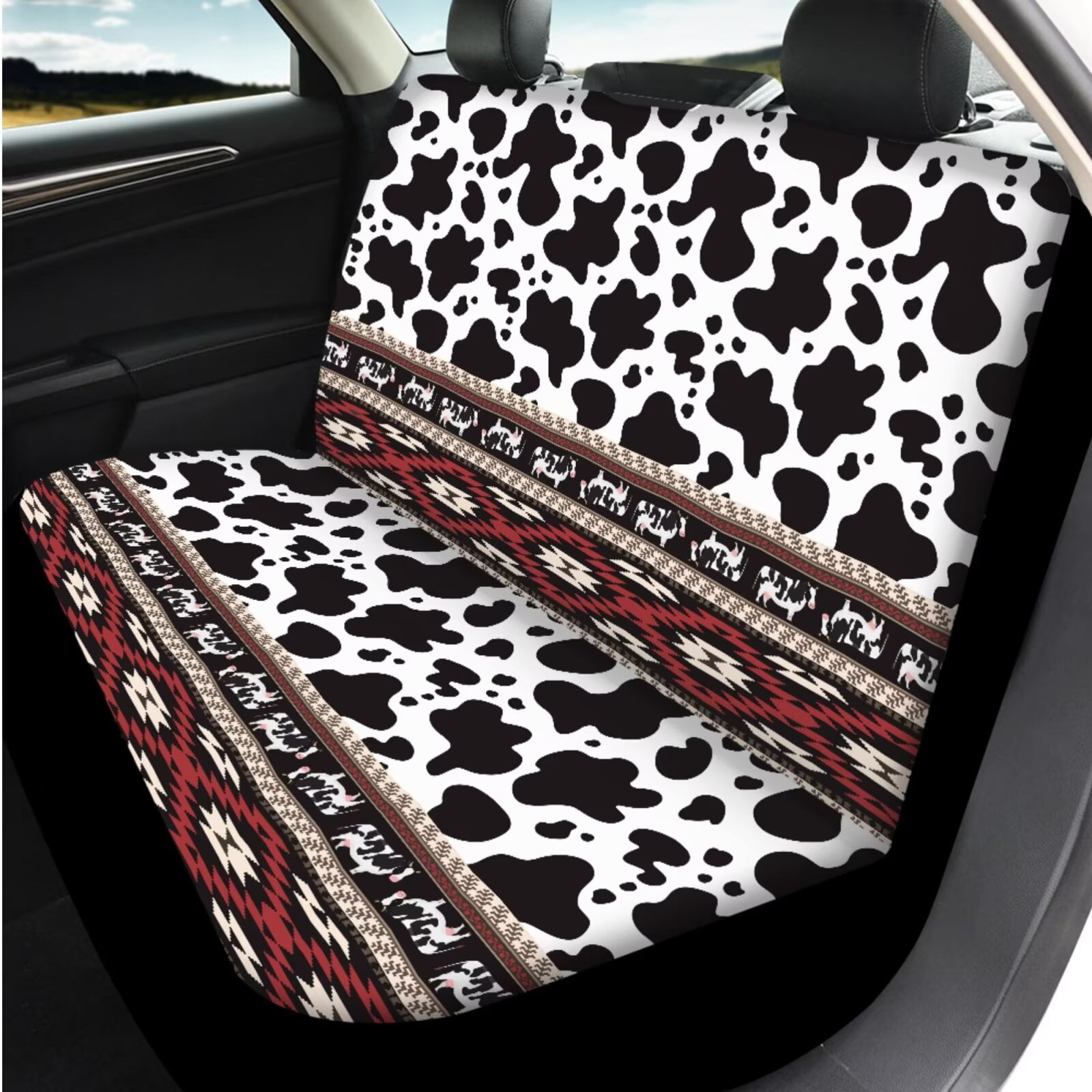 Garronmavis Aztec Cow Print 14 Pcs Car Seat Covers Set with Car Headrest Protector Steering Wheel Cover Arm Rest Cover Auto Seat Belt Covers Keychain and Cup Coaster Fit for Most Cars, SUV