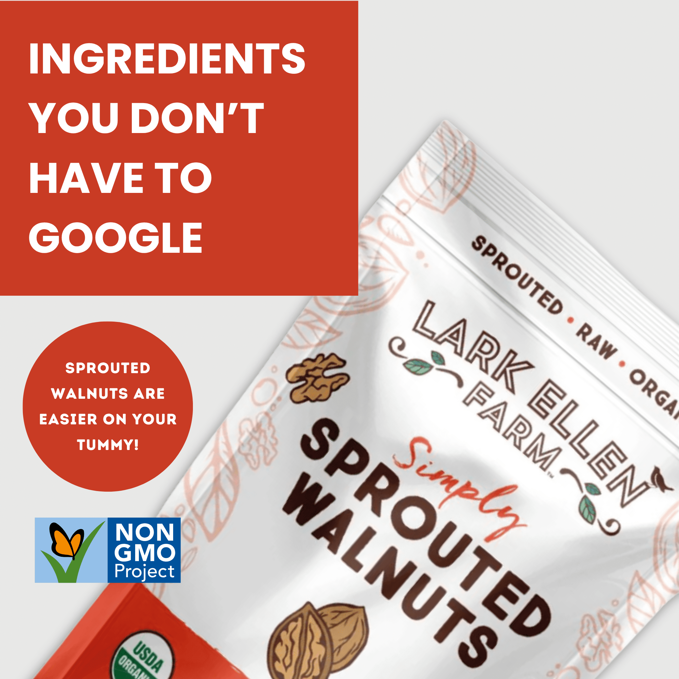 Lark Ellen Farm Unsalted Walnuts, Raw Sprouted Healthy Snack, Keto, Certified USDA Organic, Gluten-Free, Vegan, Individual Whole Nuts (10 Oz, 3 Pack)