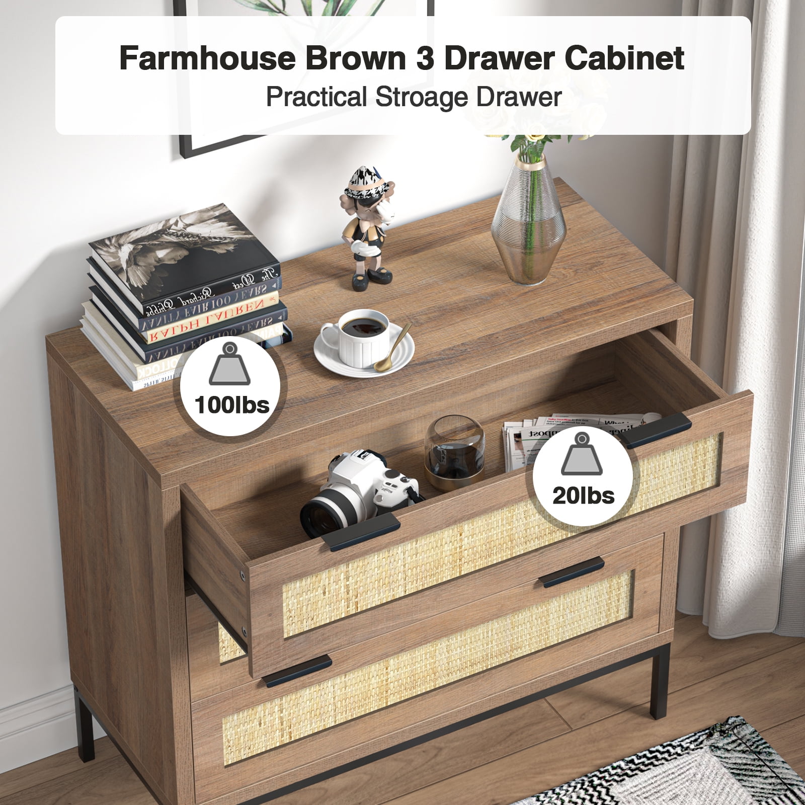 Eumyviv Mid-Century 3-Drawer Dresser, Rustic Wood Chest for Bedroom Living Room, Oak