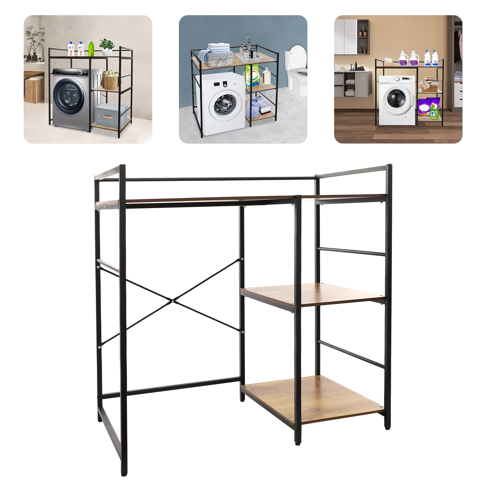 Black-Brown Iron Mdf 110x60x112cm 3-Layer Side Storage Washing Machine Rack Ancient Oak Double-Layer Locker