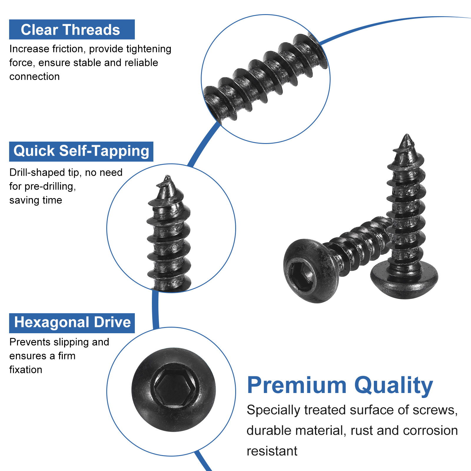 Uxcell Hex Socket Self Tapping Screws, M6 x 20mm Carbon Steel Wood Screw 200pack