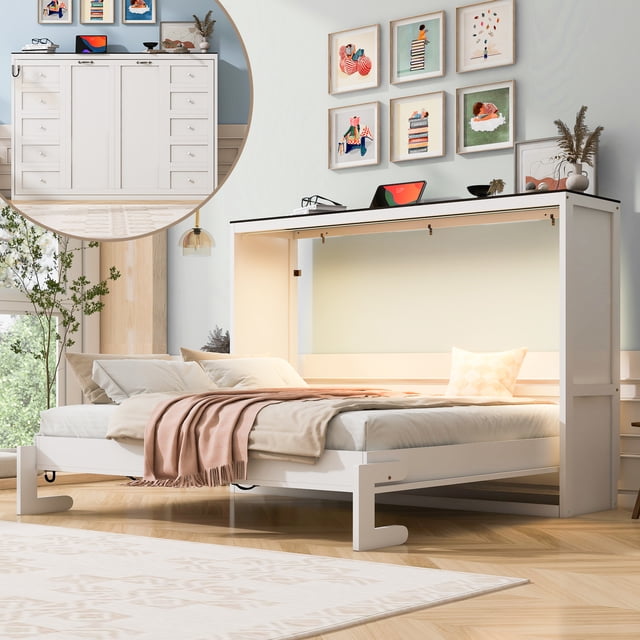 Lit escamotable Noble House double avec éclairage DEL, blanc et brun