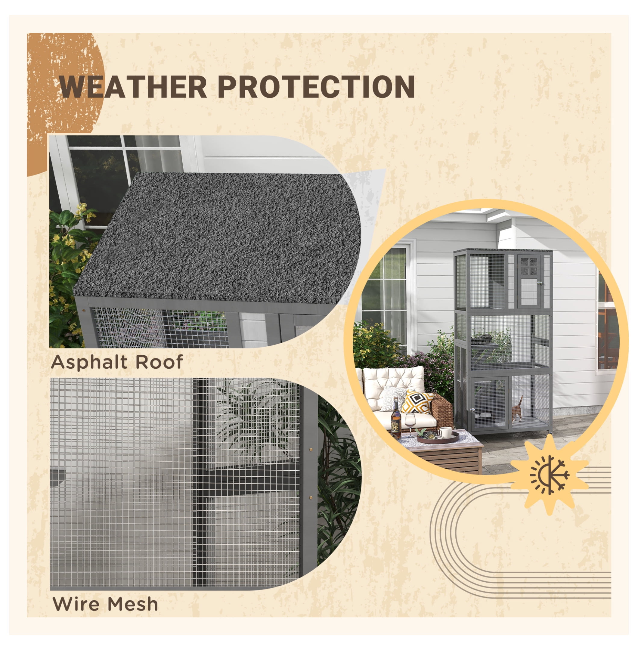 74" Wooden Catio Outdoor Cat House Weatherproof & Wheeled, Outside Cat Enclosure with High Weight Capacity, Kitten Cage Condo, Light Gray