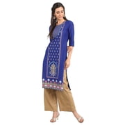 Blue Round Neck Printed Kurta-Small