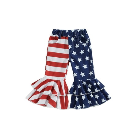 

4th of July Toddler Baby Girl High Waist Bell Bottoms Star Stripe Layered Flared Pants Kids Independence Day Trousers